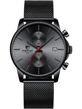 Men's Black Red Quartz Analog Mesh Strap Stainless Steel Chronograph Round Watch